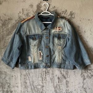 Rocawear Cropped Distressed Denim‎ Jacket Size 3X Patchwork Casual Statement